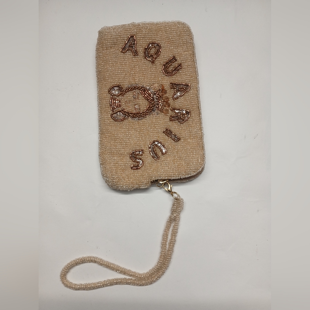 Aquarius Beaded Tan Wristlet